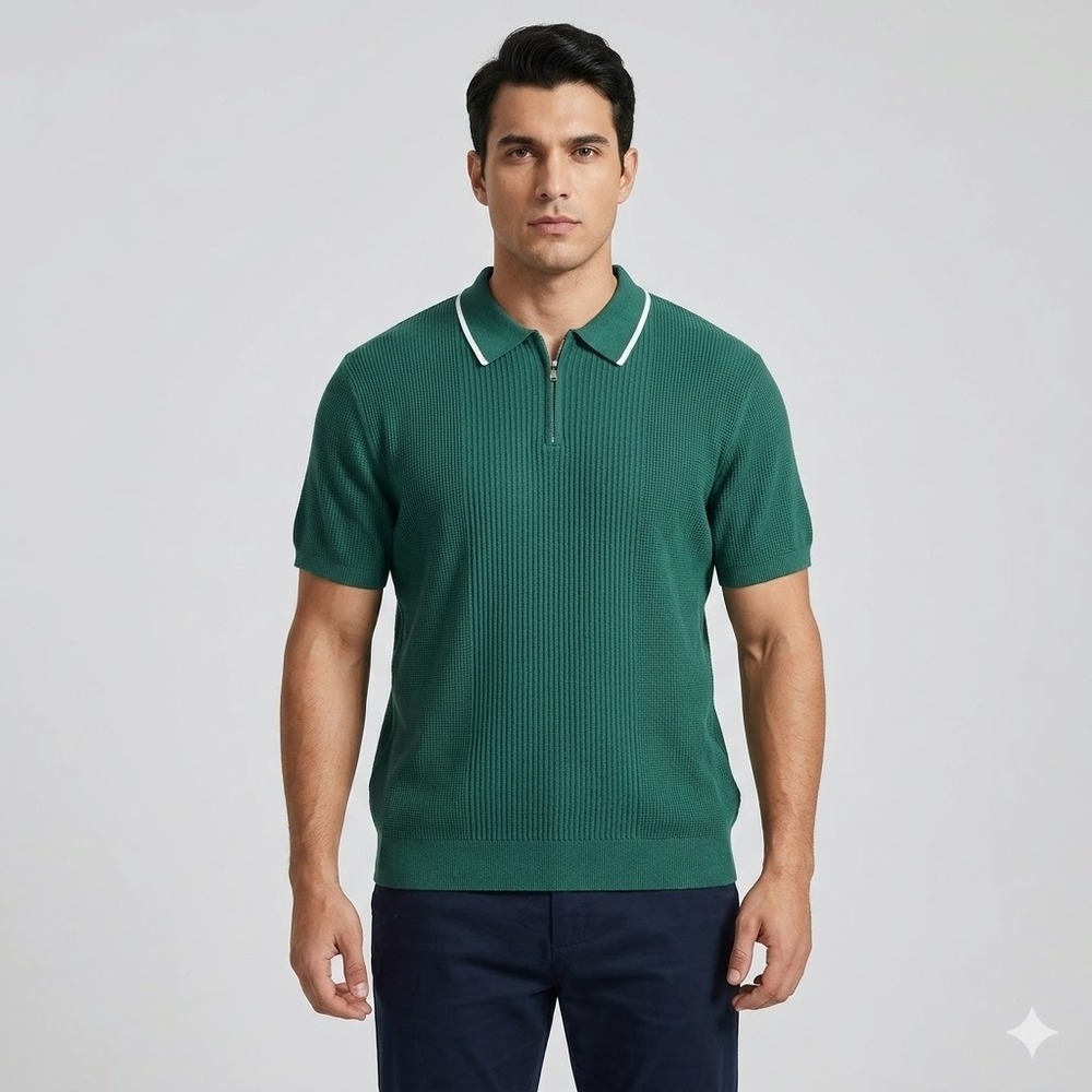PJ Paul Jones Knit Polo Shirt Quarter Zip Ribbed Short Sleeve Green Mens 2XL EUC